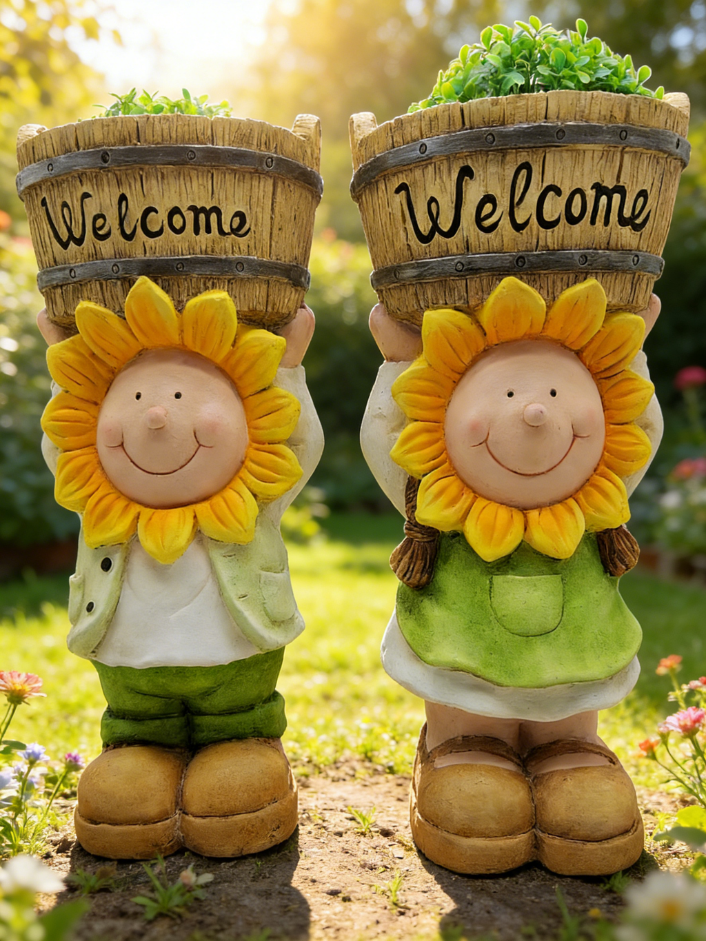 Heart Soars Welcome Sunflower Planter Set with Boy and Girl Figurines, Resin Garden Decor, 22x18x46 CM, 2 Piece Set