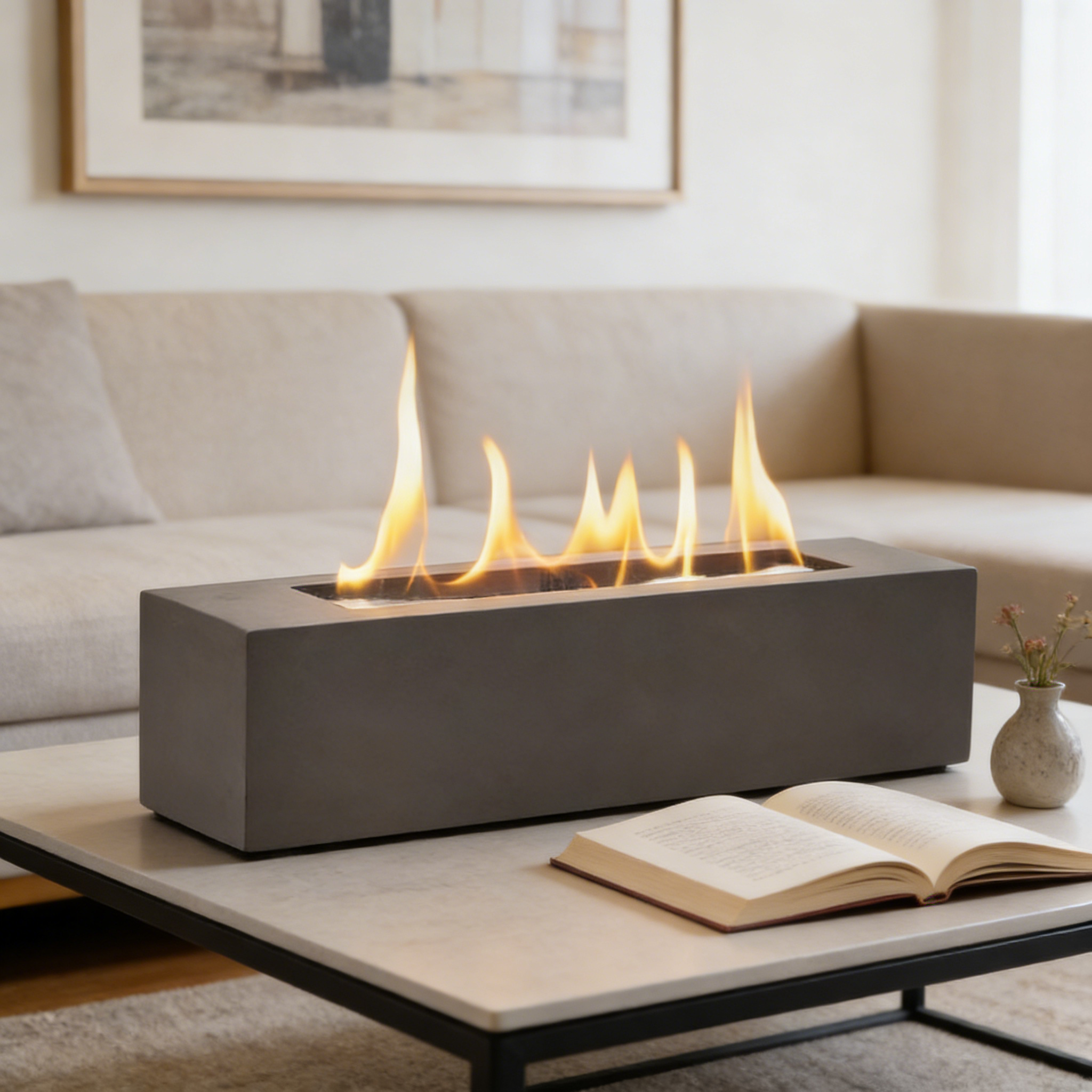 Modern Rectangular Concrete Fire Bowl （no alcohol）– Portable Tabletop Fire Pit with Full Accessory Set