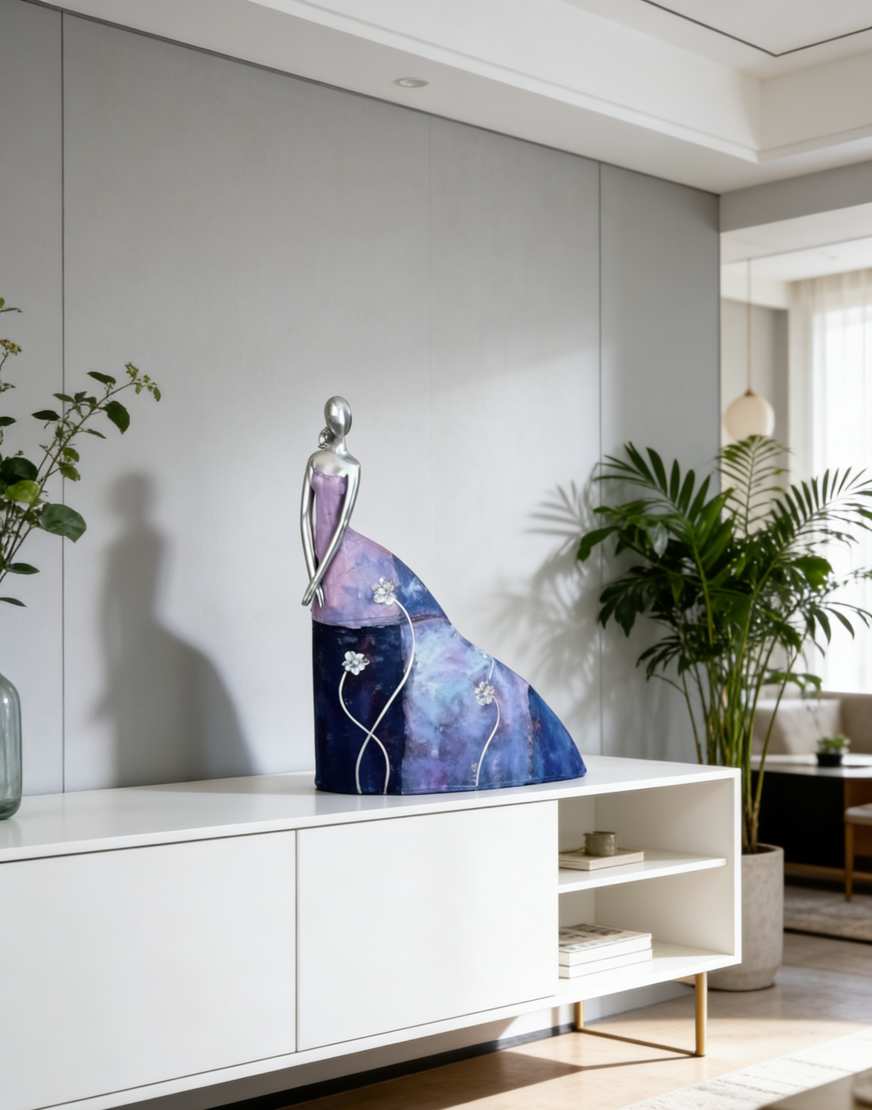 Oil Painting Lady Art Sculpture | Purple-Blue Gradient Elegant Figurine | Modern Minimalist Decor for Living Room & Entryway