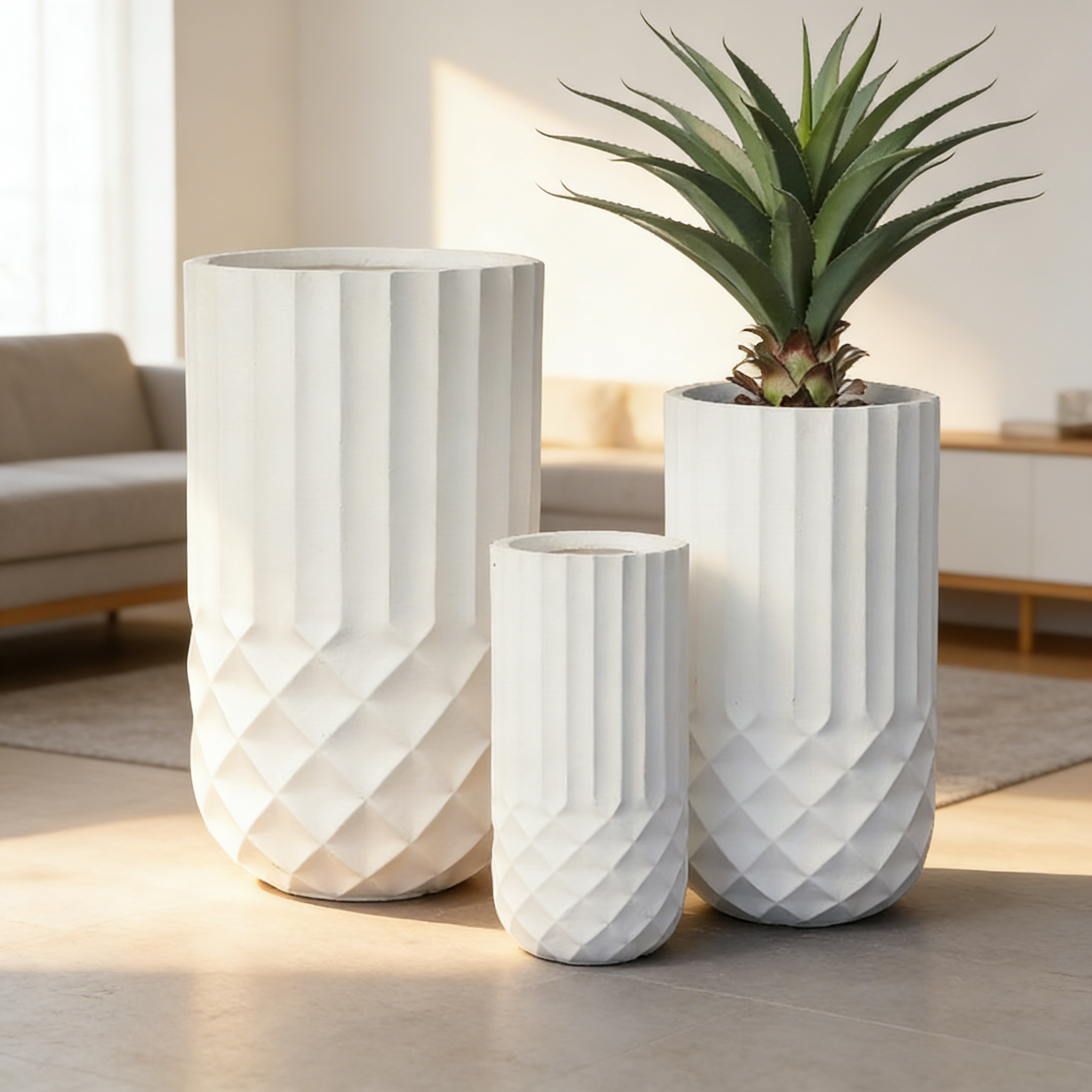 Heart Soars White Geometric Planter Set, Magnesium Oxide Material, 3 Piece Set with Diamond Pattern Design, Indoor Outdoor Decorative Flower Pots