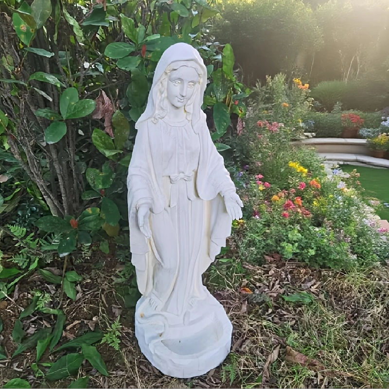 Heart Soars Religious Virgin Mary Statue with Bird Feeder, White Magnesium Oxide, 22x24.5x64cm, Garden Decor