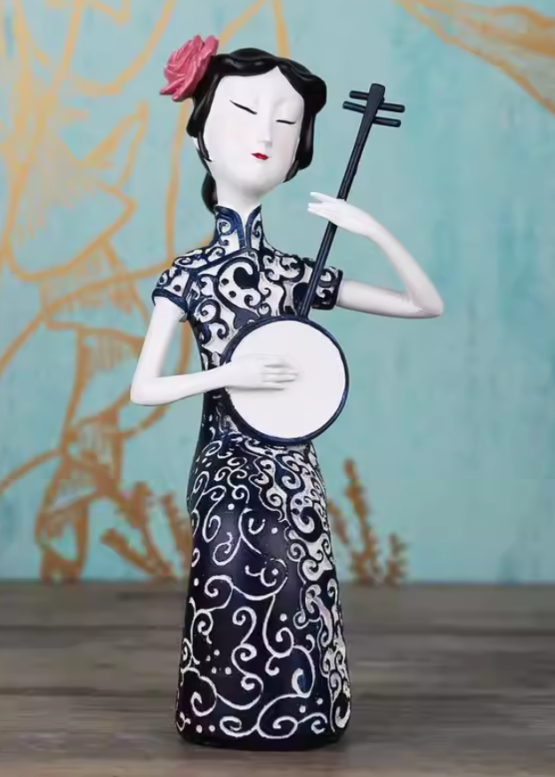 Heart Soars Chinese Traditional Lady Figurine Sculpture, Decorative Art Craft with Musical Instrument, Black and White Pattern, 12.5x12x27 CM