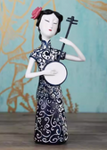 Heart Soars Chinese Traditional Lady Figurine Sculpture, Decorative Art Craft with Musical Instrument, Black and White Pattern, 12.5x12x27 CM