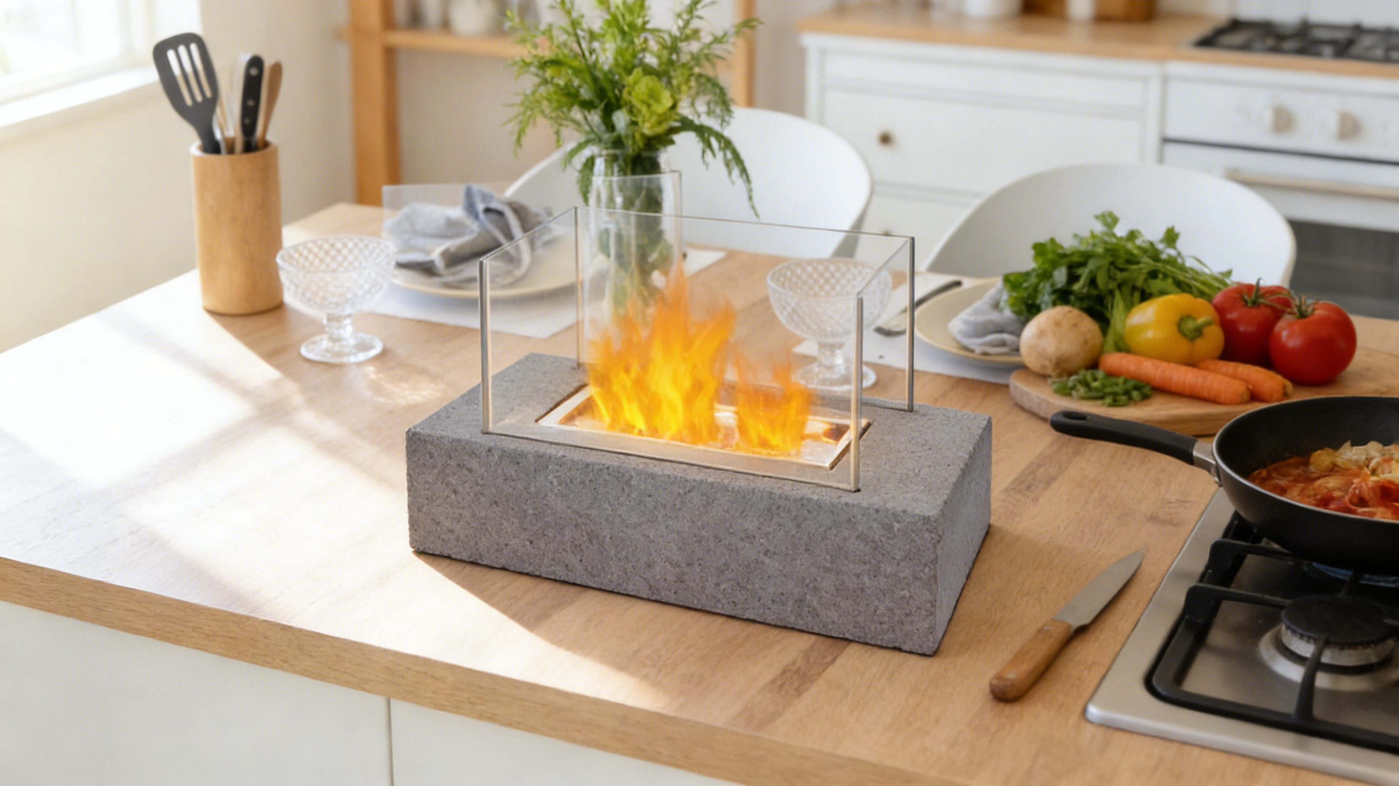 Rectangular Concrete Tabletop Fire Bowl with Glass Wind Guards（no alcohol）