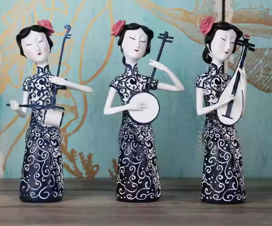 Heart Soars Chinese Traditional Lady Figurine Sculpture, Decorative Art Craft with Musical Instrument, Black and White Pattern, 12.5x12x27 CM