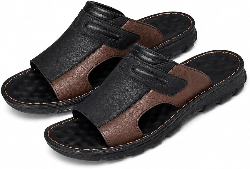 Men's Slide Sandals, Cushioned Open Toe Slip-On Sandals with Textured Outsole, Casual Indoor Outdoor Shoes, Brown