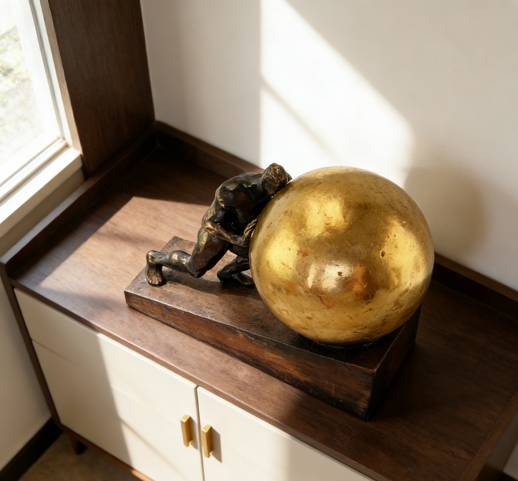 Man Pushing Sphere Sculpture | 23×12.5×17 CM | Modern Bronze & Gold Home Decor ✨