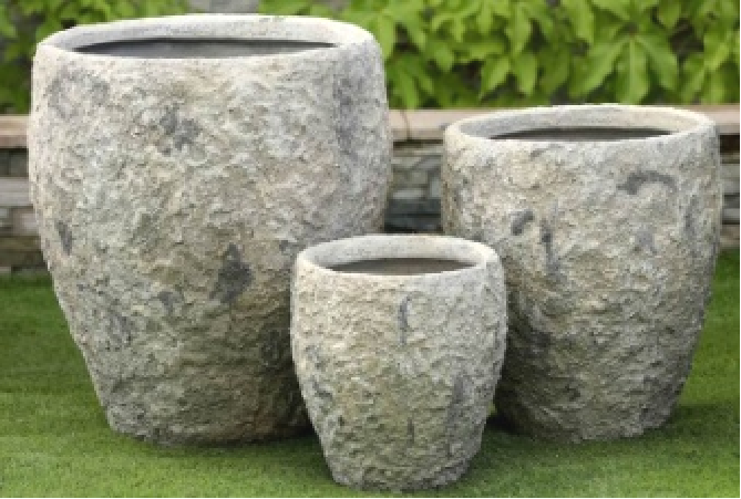 Heart Soars Stone Textured Planter Pots Set of 3, Magnesium Oxide Material, Gray Natural Finish, Indoor Outdoor Garden Planters