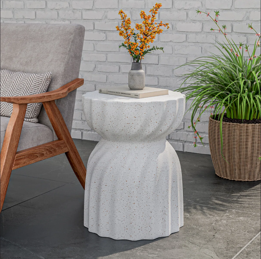 Heart Soars Round Outdoor Side Table – Modern Porcelain Tile Terrazzo Accent Table