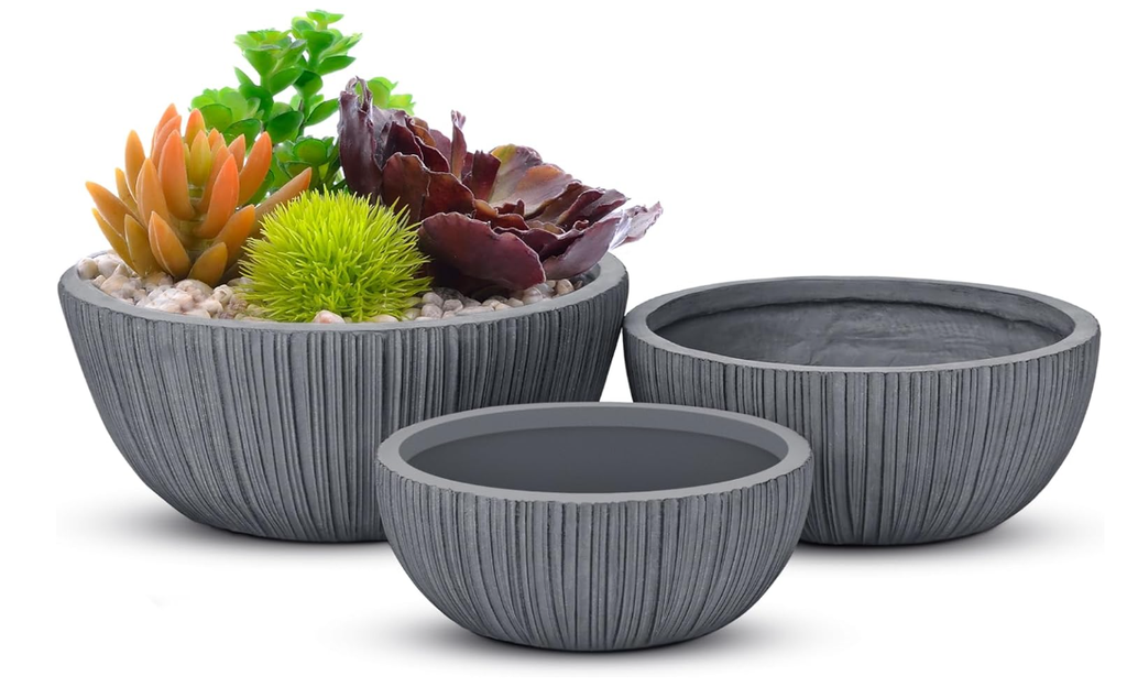 Heart Soars Textured Bowl Planters Set, Gray, Magnesium Oxide Material, 3 Pack, 11.4", 14.4", 16.9" Diameter