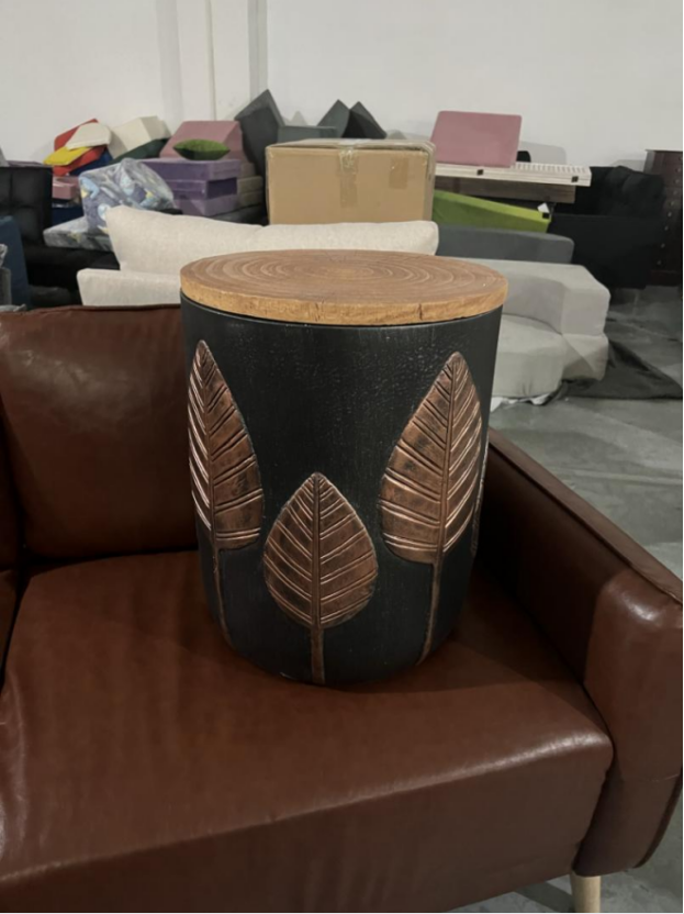 Heart Soars MGO Side Table with Storage, Decorative Leaf Design, Black with Wood Lid