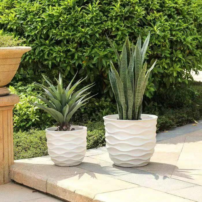 Heart Soars Wave Pattern Planter Pot Set, White, Magnesium Oxide Material, 2 Piece Set, 13.4 and 17.3 Inch