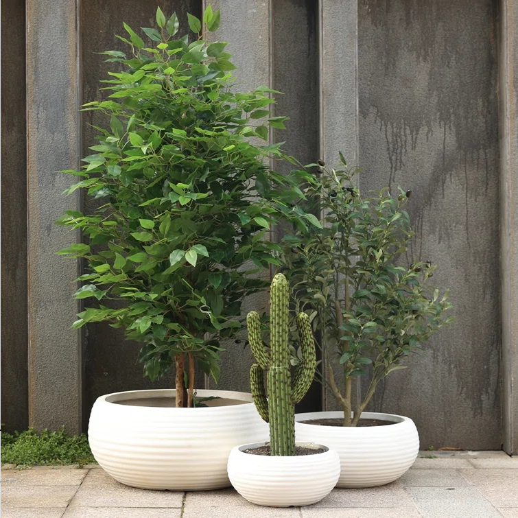 Heart Soars Round Planter Pots Set of 3, White, Magnesium Oxide Material, Low Profile Design, 12", 16.5", and 21.6" Diameters
