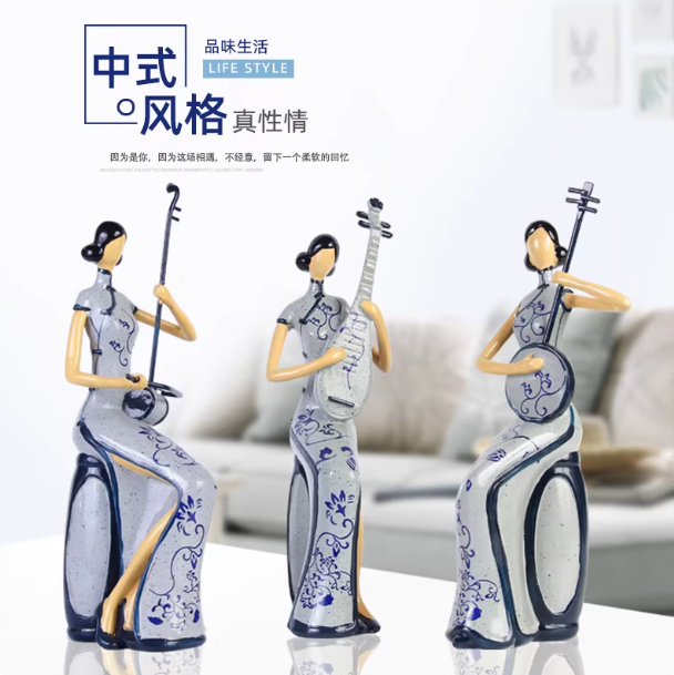 Heart Soars Blue and White Porcelain Lady Musician Figurine Set, Traditional Chinese Style Sculpture Craft, 9.8x9.5x26CM