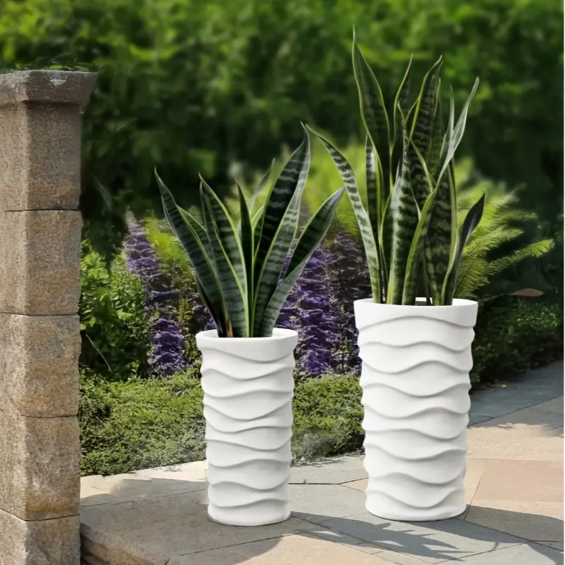 Heart Soars Modern White Wave Textured Tall Planter Set, Magnesium Oxide Material, 2 Piece Indoor Outdoor Flower Pot, Large 10x10x18 Inch and 12x12x20 Inch
