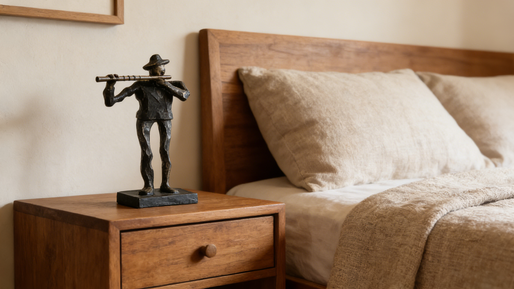 Heart Soars Musician Playing Flute Sculpture Figurine, Bronze and Blue Finish, 9.5x7x31 CM Decorative Art Piece