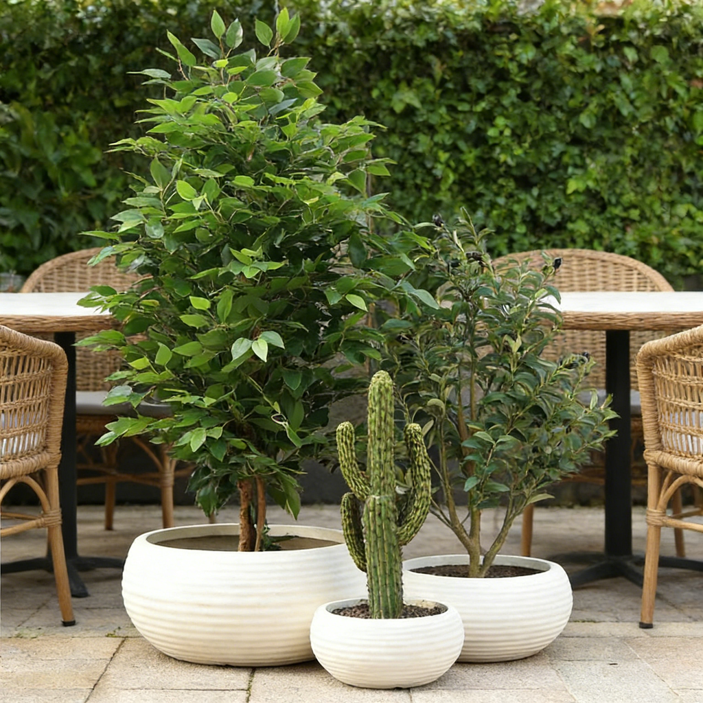 Heart Soars Round Planter Pots Set of 3, White, Magnesium Oxide Material, Low Profile Design, 12", 16.5", and 21.6" Diameters
