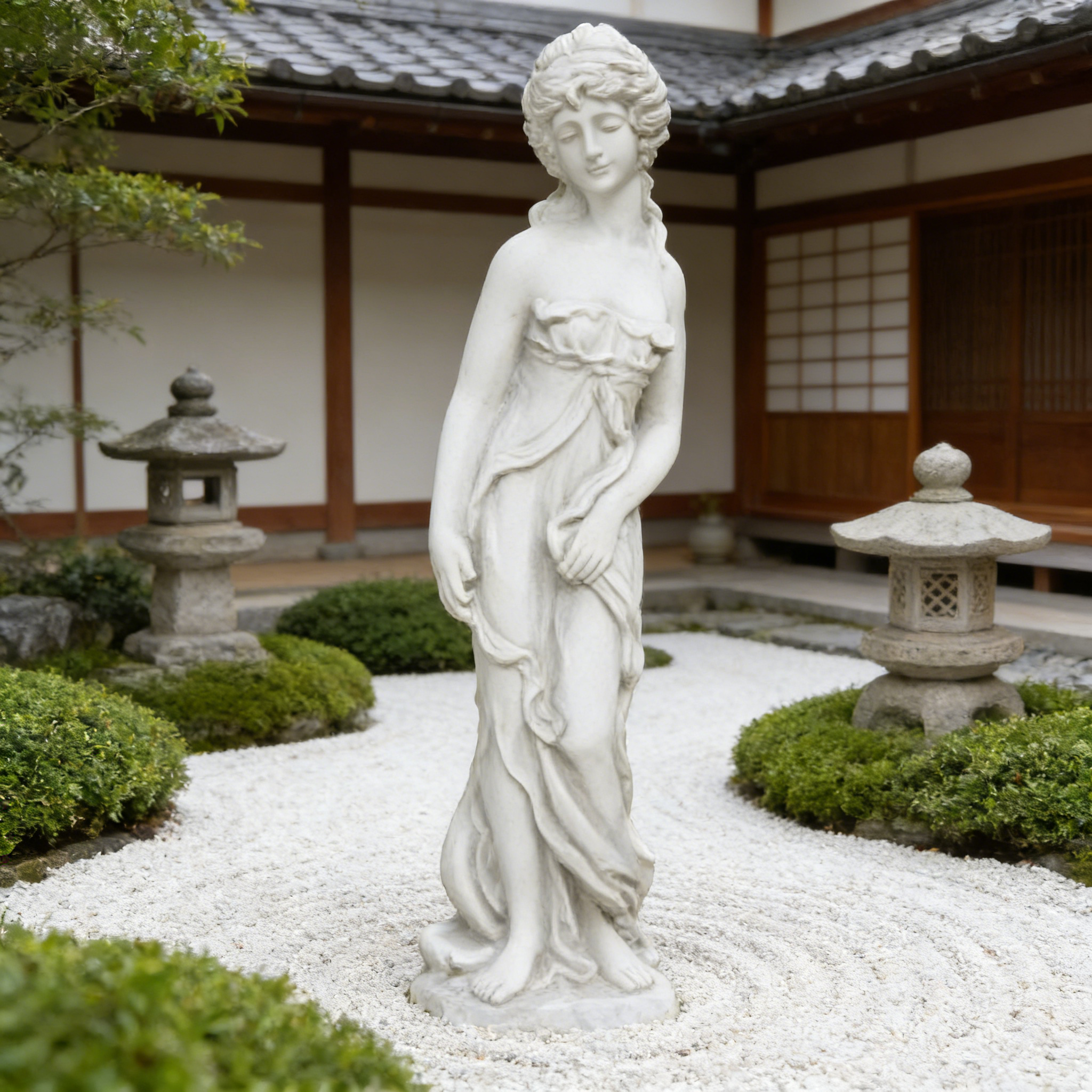 Heart Soars Spring Flower Goddess Statue, Classical Female Sculpture, White Magnesium Oxide, 32.5 Inches Height, Garden Decor