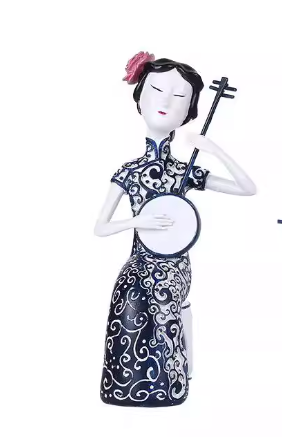 Heart Soars Chinese Traditional Lady Figurine Sculpture, Decorative Art Craft with Musical Instrument, Black and White Pattern, 12.5x12x27 CM