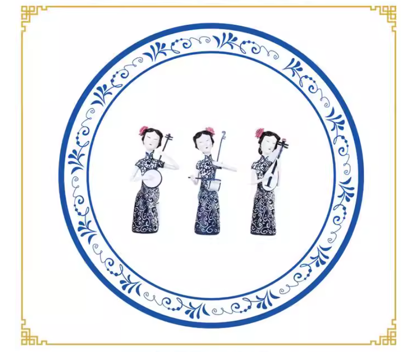 Heart Soars Chinese Traditional Lady Figurine Sculpture, Decorative Art Craft with Musical Instrument, Black and White Pattern, 12.5x12x27 CM