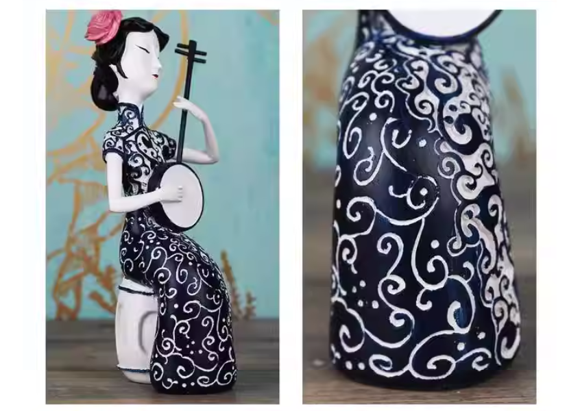 Heart Soars Chinese Traditional Lady Figurine Sculpture, Decorative Art Craft with Musical Instrument, Black and White Pattern, 12.5x12x27 CM