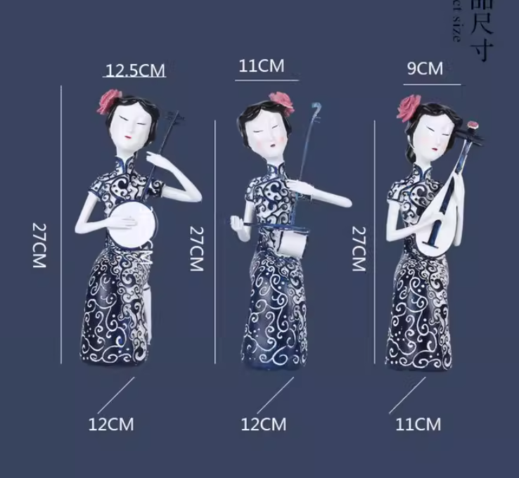 Heart Soars Chinese Traditional Lady Figurine Sculpture, Decorative Art Craft with Musical Instrument, Black and White Pattern, 12.5x12x27 CM