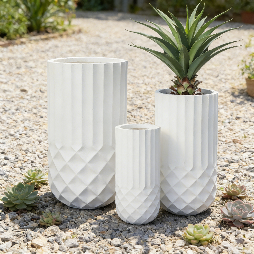 Heart Soars White Geometric Planter Set, Magnesium Oxide Material, 3 Piece Set with Diamond Pattern Design, Indoor Outdoor Decorative Flower Pots