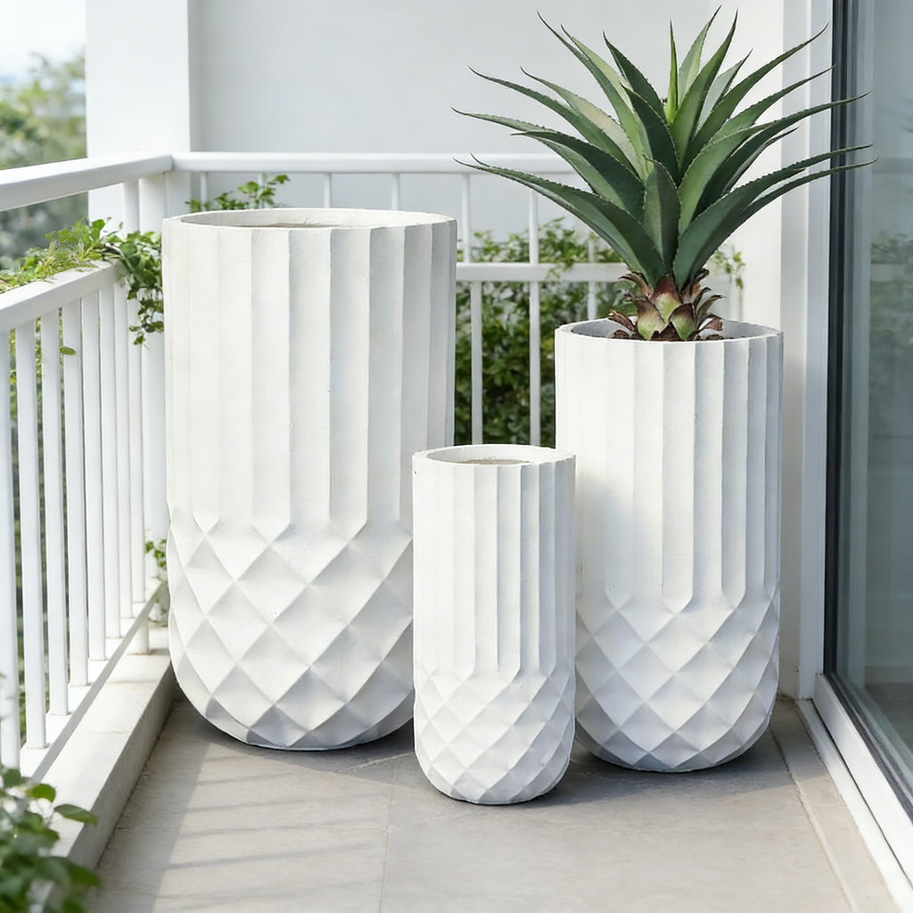 Heart Soars White Geometric Planter Set, Magnesium Oxide Material, 3 Piece Set with Diamond Pattern Design, Indoor Outdoor Decorative Flower Pots