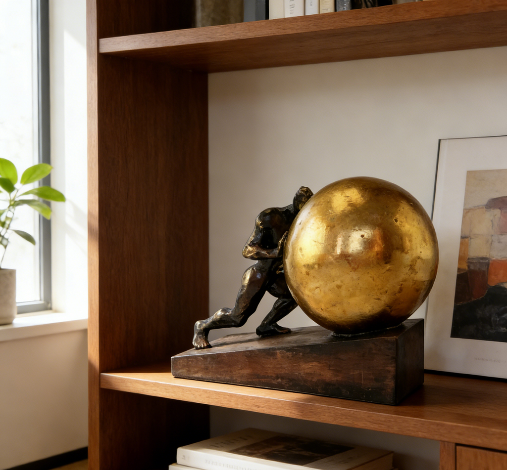 Man Pushing Sphere Sculpture | 23×12.5×17 CM | Modern Bronze & Gold Home Decor ✨