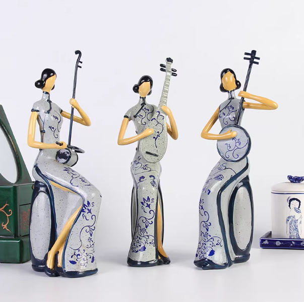 Heart Soars Blue and White Porcelain Lady Musician Figurine Set, Traditional Chinese Style Sculpture Craft, 9.8x9.5x26CM