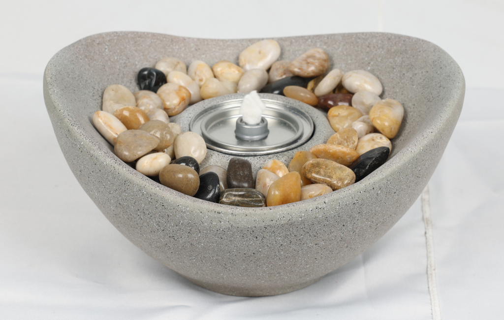 Heart Soars Tabletop Fire Bowl with Alcohol Burner（no alcohol）, Concrete Gray Magnesium Oxide, 28x26x14cm, Includes Burner Extinguisher River Stones Rain Cover