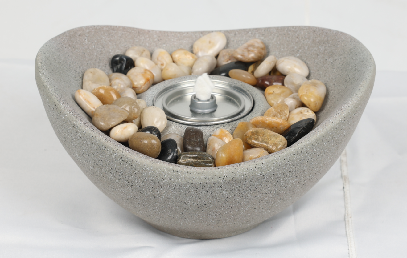 Heart Soars Tabletop Fire Bowl with Alcohol Burner（no alcohol）, Concrete Gray Magnesium Oxide, 28x26x14cm, Includes Burner Extinguisher River Stones Rain Cover