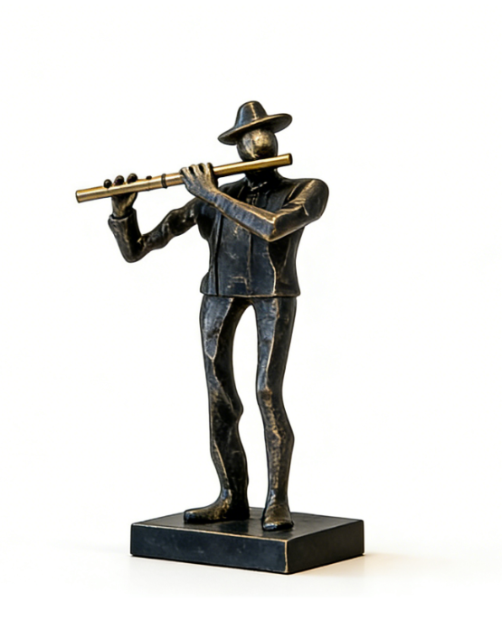 Heart Soars Musician Playing Flute Sculpture Figurine, Bronze and Blue Finish, 9.5x7x31 CM Decorative Art Piece