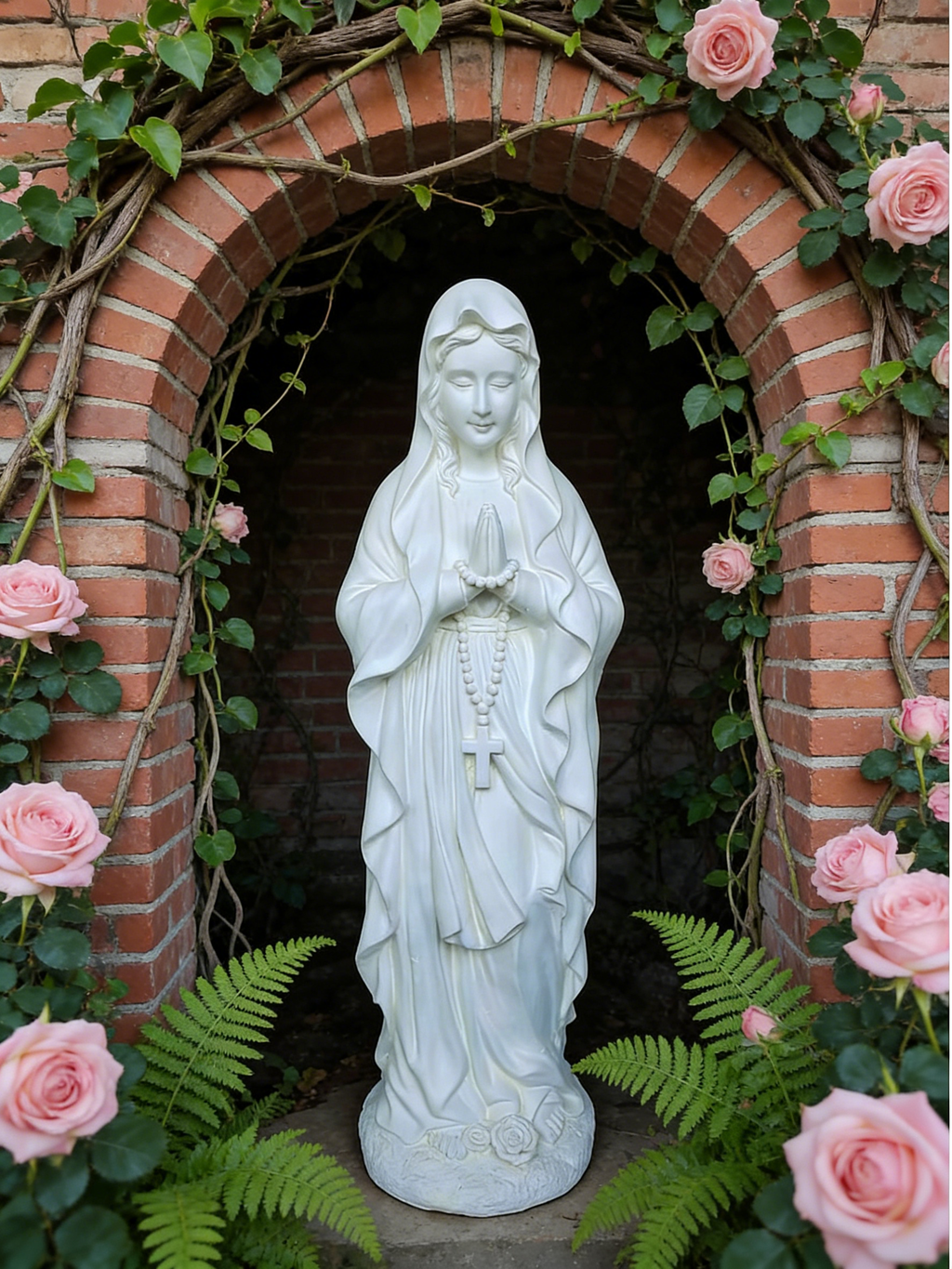 Heart Soars Religious Virgin Mary Statue, White, Magnesium Oxide, 10.2x8.7x29.9 Inches, Praying Pose with Rosar