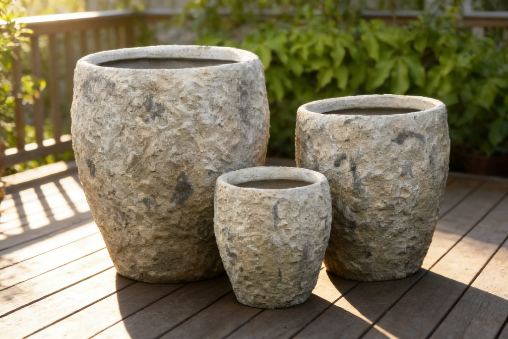 Heart Soars Stone Textured Planter Pots Set of 3, Magnesium Oxide Material, Gray Natural Finish, Indoor Outdoor Garden Planters