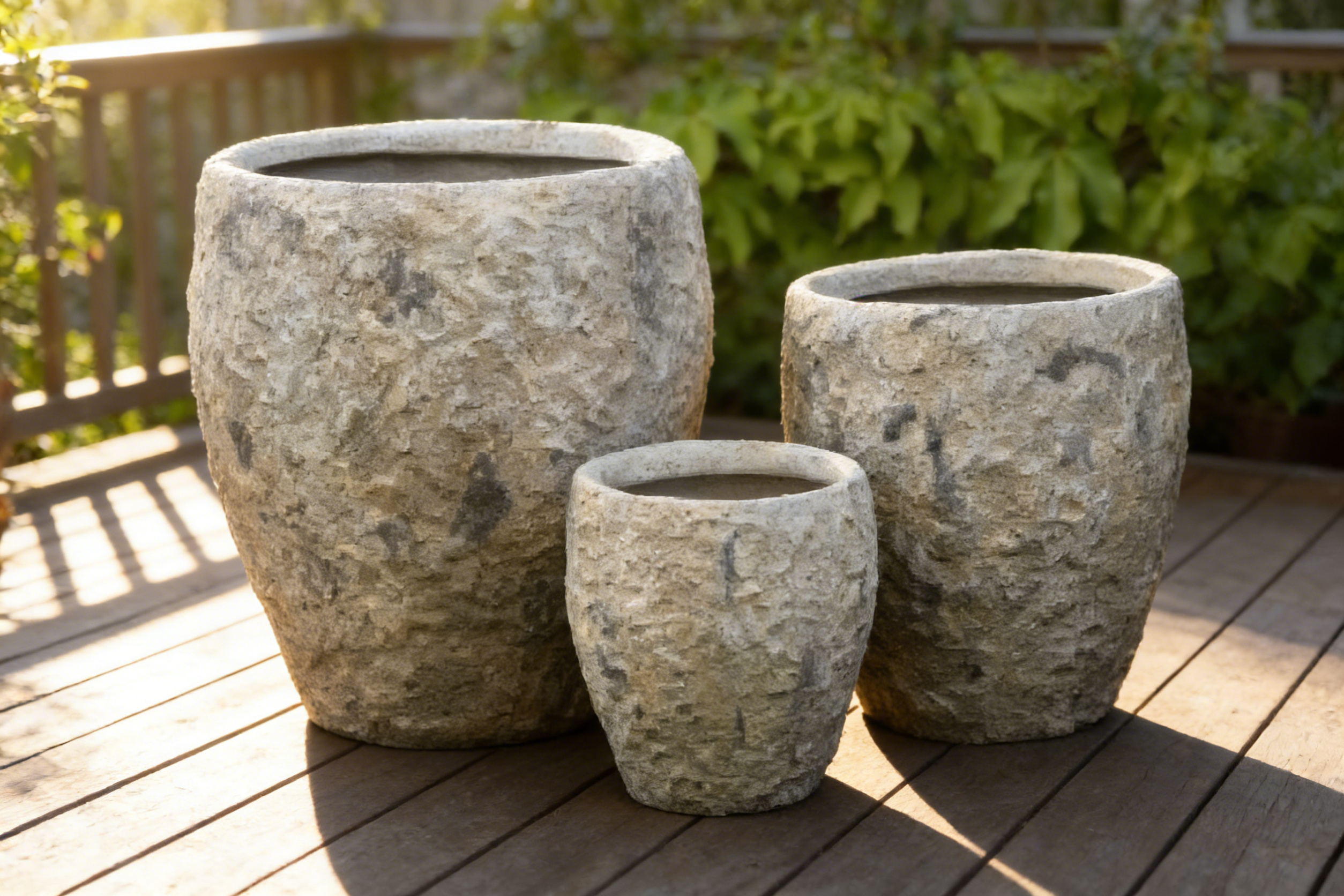 Heart Soars Stone Textured Planter Pots Set of 3, Magnesium Oxide Material, Gray Natural Finish, Indoor Outdoor Garden Planters
