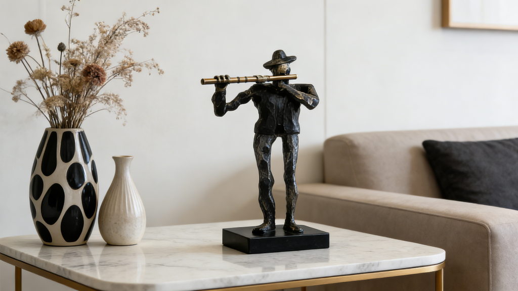 Heart Soars Musician Playing Flute Sculpture Figurine, Bronze and Blue Finish, 9.5x7x31 CM Decorative Art Piece
