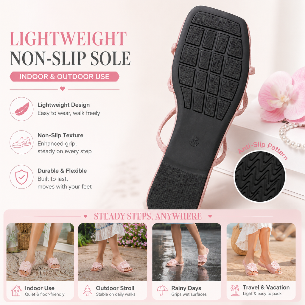 Women's Pink Orchid Flower Slide Sandals, Faux Suede Square-Toe Flat Slippers, Casual Summer Floral Sandals