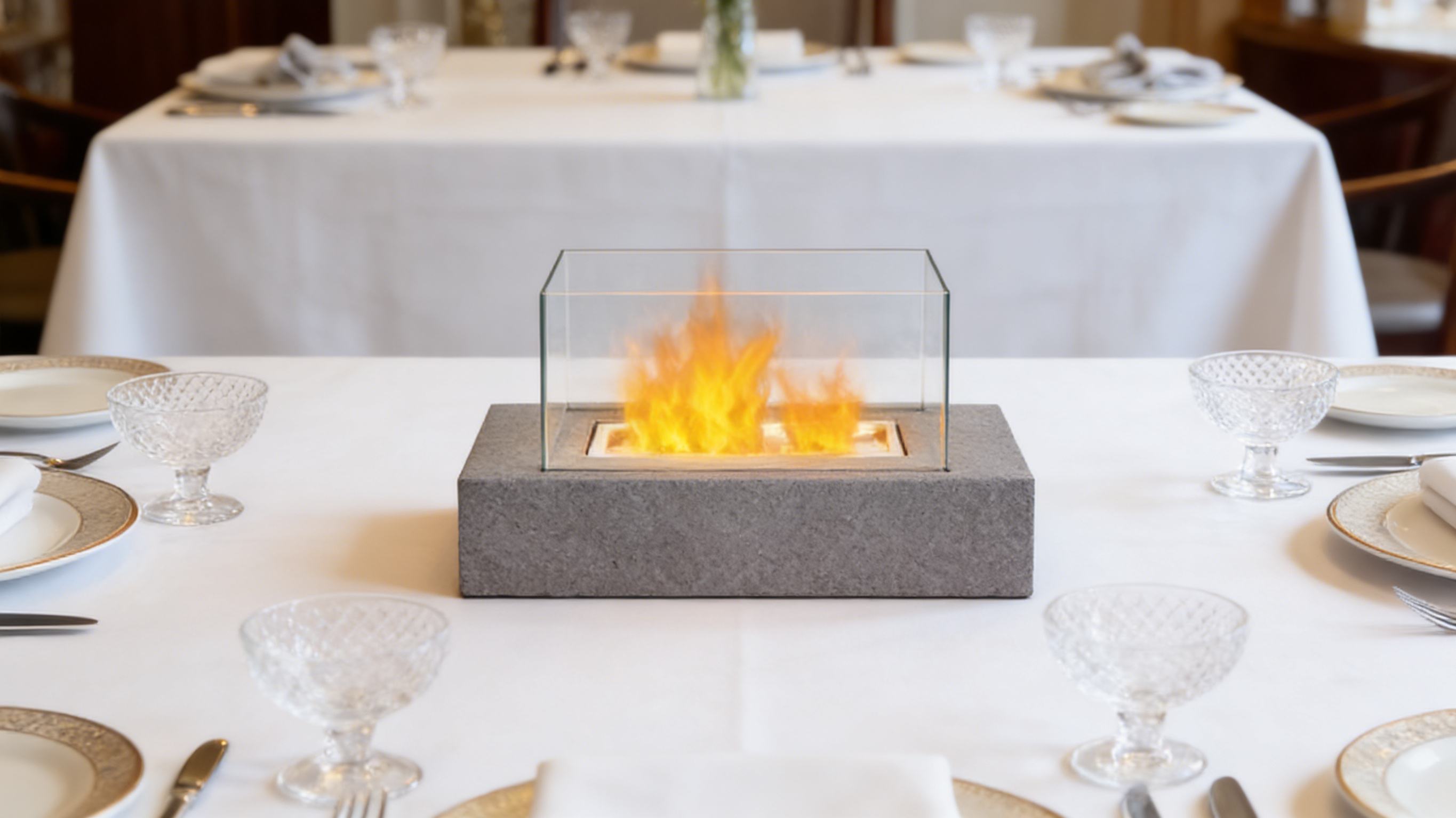Rectangular Concrete Tabletop Fire Bowl with Glass Wind Guards（no alcohol）