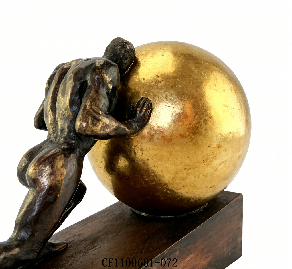 Man Pushing Sphere Sculpture | 23×12.5×17 CM | Modern Bronze & Gold Home Decor ✨