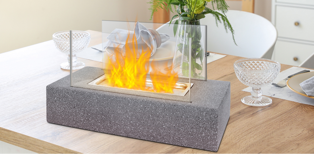 Rectangular Concrete Tabletop Fire Bowl with Glass Wind Guards（no alcohol）