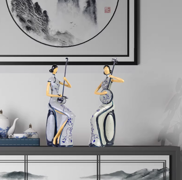 Heart Soars Blue and White Porcelain Lady Musician Figurine Set, Traditional Chinese Style Sculpture Craft, 9.8x9.5x26CM