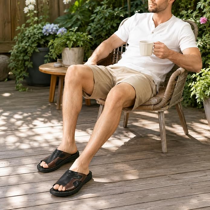 Men's Slide Sandals, Cushioned Open Toe Slip-On Sandals with Textured Outsole, Casual Indoor Outdoor Shoes, Brown