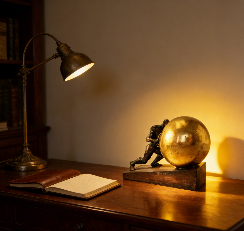 Man Pushing Sphere Sculpture | 23×12.5×17 CM | Modern Bronze & Gold Home Decor ✨