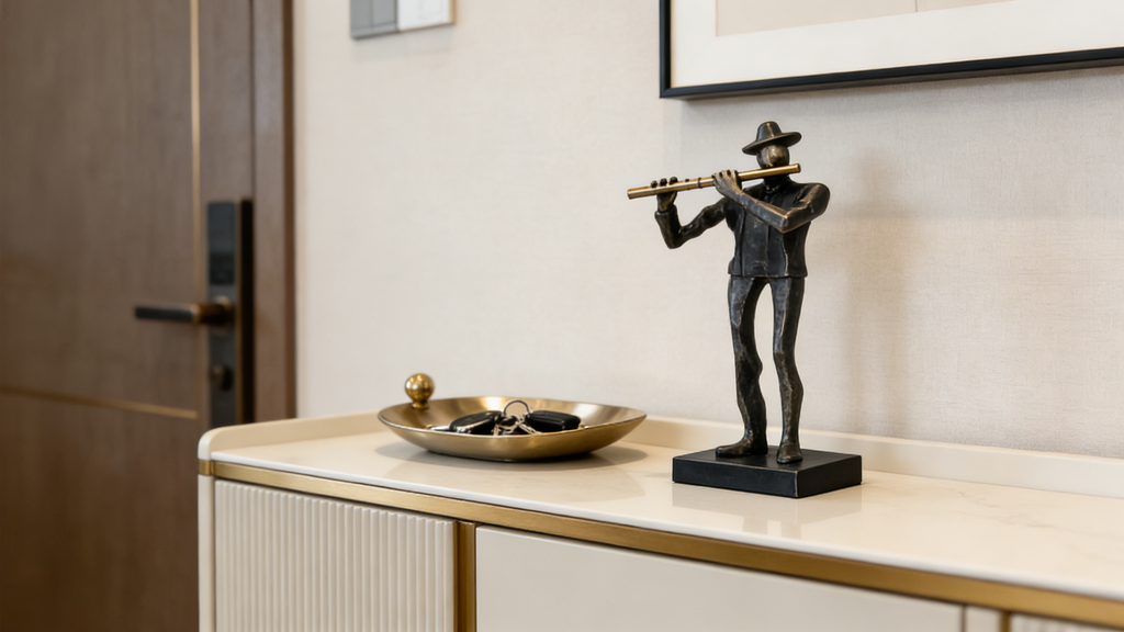 Heart Soars Musician Playing Flute Sculpture Figurine, Bronze and Blue Finish, 9.5x7x31 CM Decorative Art Piece