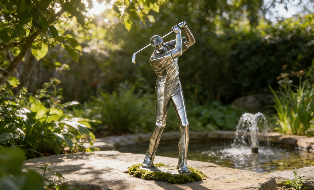Golfer Swing Sculpture | Silver-Tone Golf Player Statue | Modern Home & Office Decor for Golf Enthusiasts