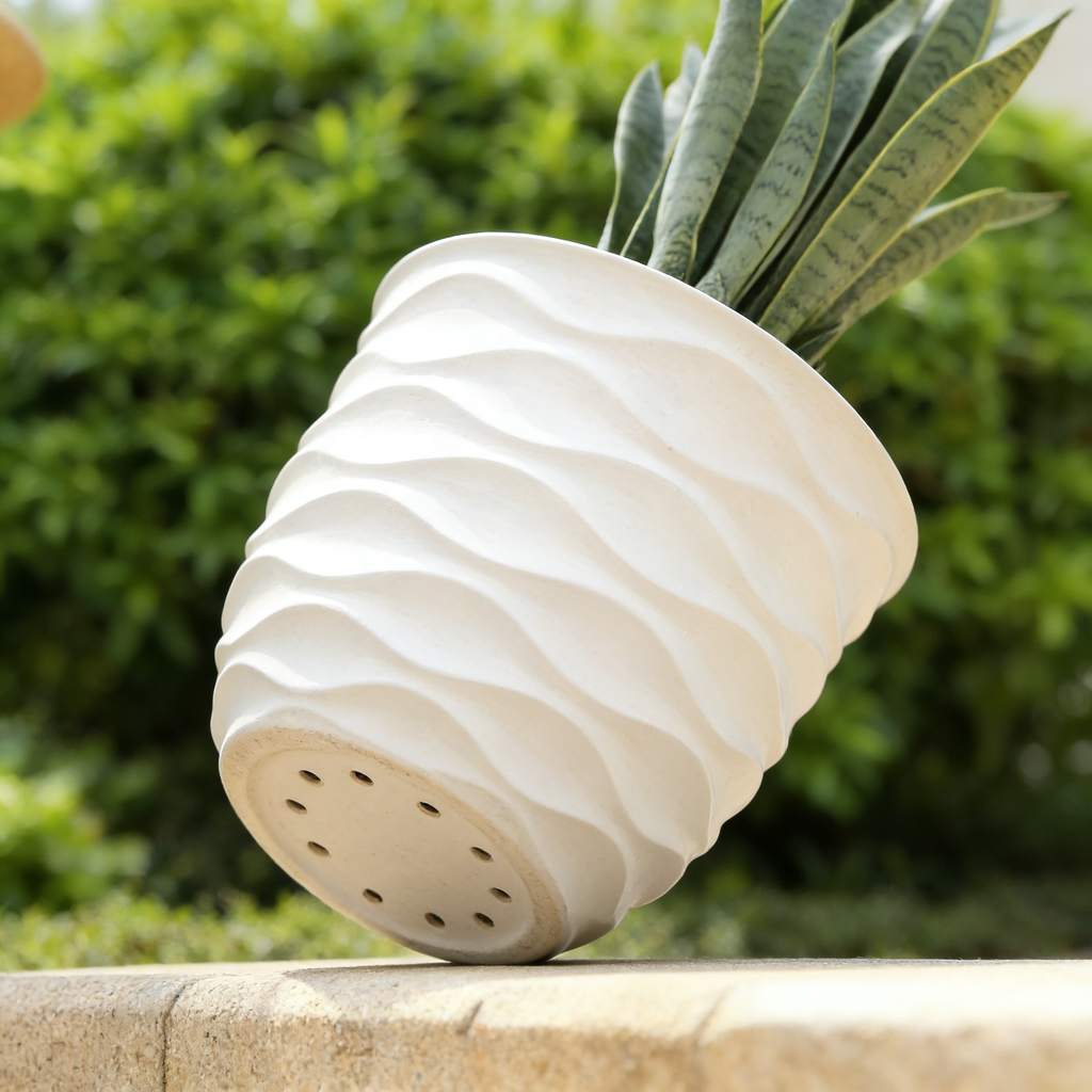 Heart Soars Wave Pattern Planter Pot Set, White, Magnesium Oxide Material, 2 Piece Set, 13.4 and 17.3 Inch