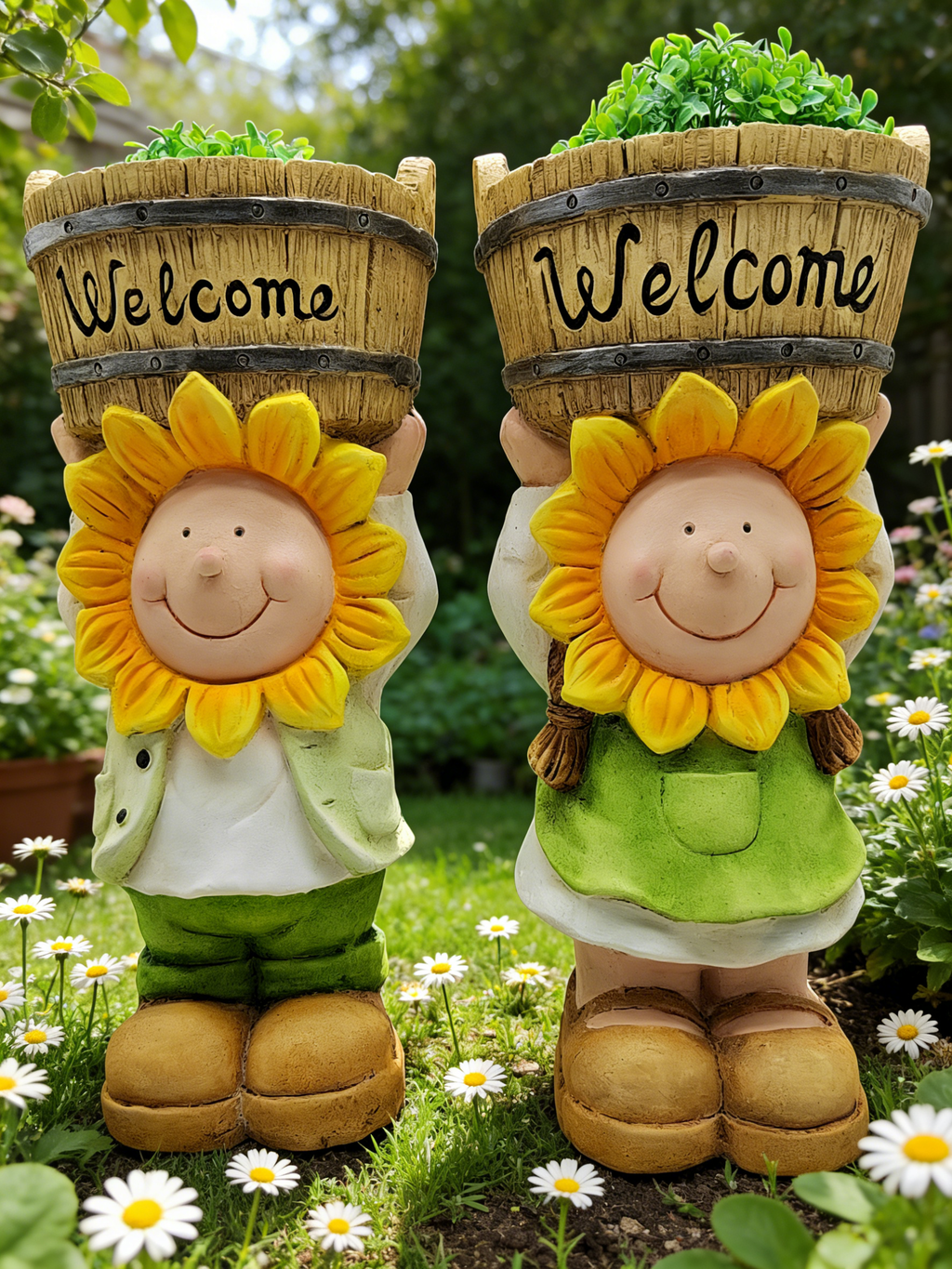 Heart Soars Welcome Sunflower Planter Set with Boy and Girl Figurines, Resin Garden Decor, 22x18x46 CM, 2 Piece Set