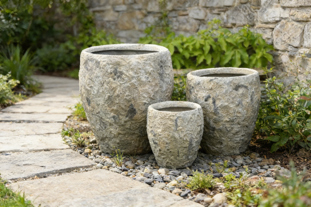 Heart Soars Stone Textured Planter Pots Set of 3, Magnesium Oxide Material, Gray Natural Finish, Indoor Outdoor Garden Planters