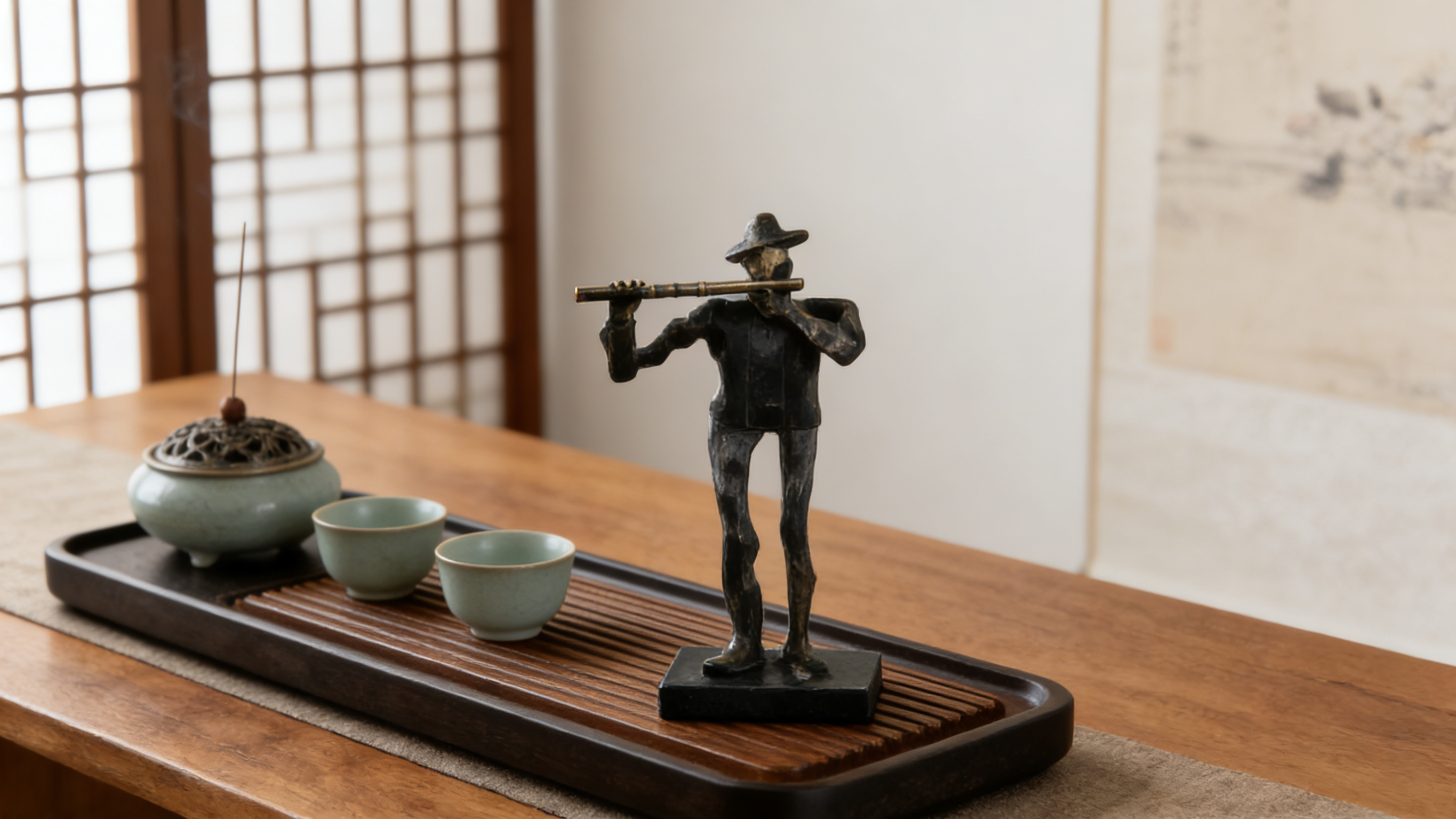Heart Soars Musician Playing Flute Sculpture Figurine, Bronze and Blue Finish, 9.5x7x31 CM Decorative Art Piece